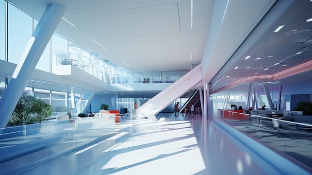 Bright, contemporary office atrium features sleek architectural lines, a grand staircase, and glass walls connecting multiple levels, creating an expansive and professional environment
