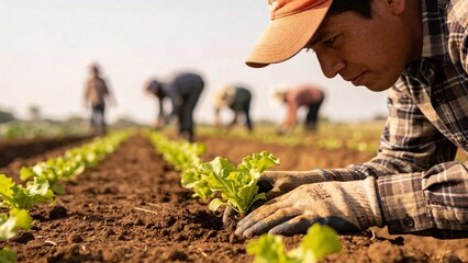 Hispanic farmer planting young crops in field agriculture manual farming outdoor