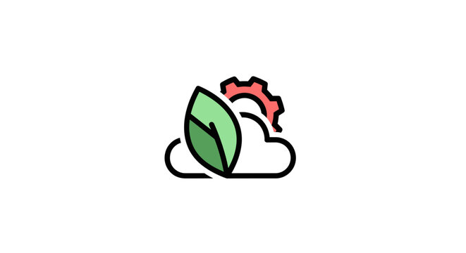 Eco-friendly cloud computing logo with a leaf, gear, and cloud icon, simple and clean