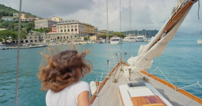 POV, woman and couple on yacht with holding hands, travel adventure and excited for summer holiday. Face, person smile and running on boat with relationship, love or tropical vacation together at sea