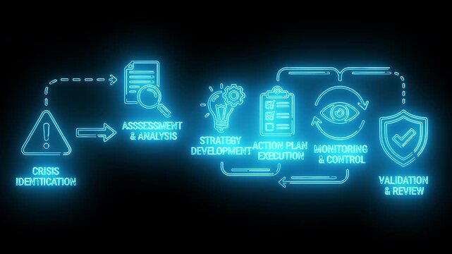 Neon-lit flowchart illustrating a strategy development process with icons on a dark background.