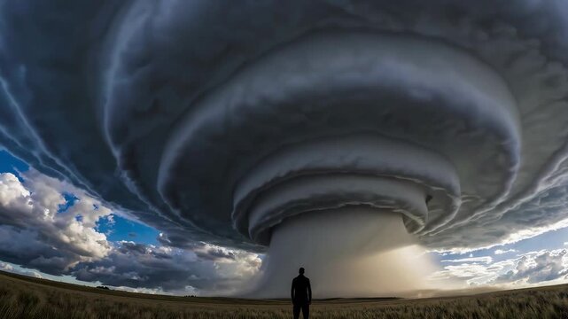 Lonely man in front of a giant funnel cloud, symbolizing mysticism and nature&rsquo;s power.