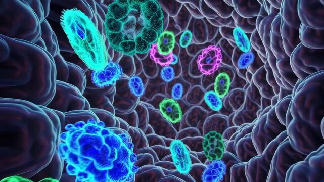 Microscopic view of gut bacteria producing vitamins and nutrients. Medical biology concept.