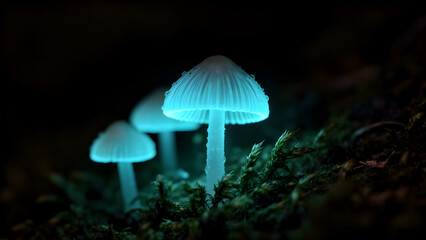 Fototapeta premium Glowing Bioluminescent Mushrooms in a Dark Forest Setting