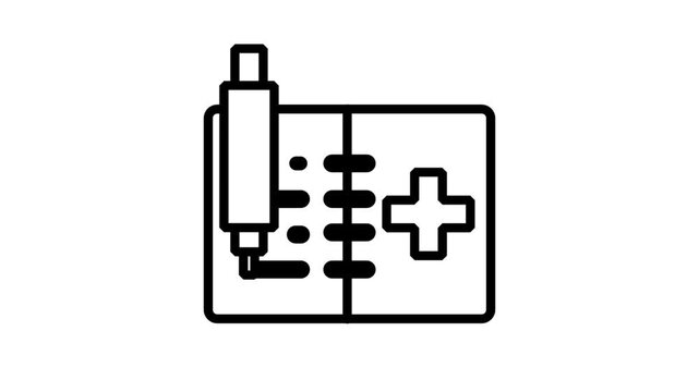 Medical Appointment Notebook Motion Icon. Professional animation of a notebook and pen with a cross for healthcare scheduling and appointments.