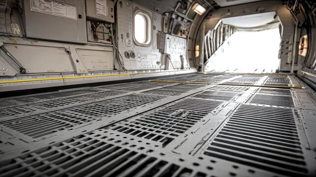 Cargo airplane interior showing the robust floor and open rear ramp, ready for loading or unloading equipment and personnel for logistics and transport