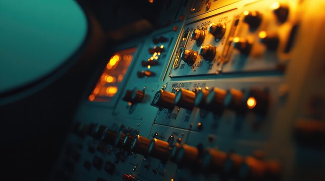 Aircraft cockpit control panel featuring numerous illuminated switches, buttons, and knobs, representing advanced aviation technology and precision engineering for flight operations