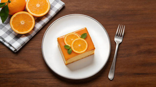 Orange cake slice on plate with fork