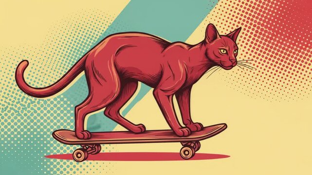 Red Cat Riding a Skateboard with a Retro Pop Art Background.