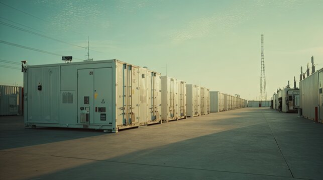 Shipping containers house rows of large battery systems, efficiently storing and distributing power for modern utility grids, supporting renewable energy integration and reliable electricity supply