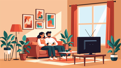Fototapeta premium Young couple sitting together on a comfortable sofa in their living room while both are distracted by their smartphones.