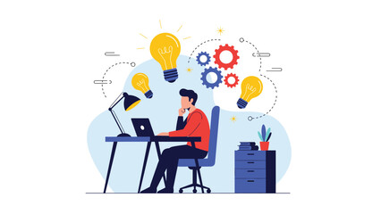 Naklejka premium Creative professional working at a desk on a laptop while multiple lightbulbs and gears represent brainstorming and problem solving.
