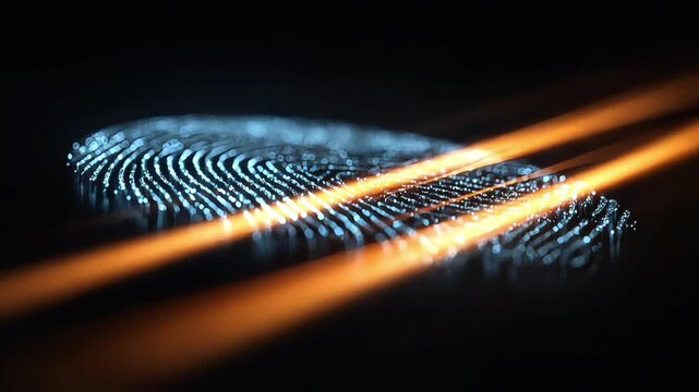 Glowing fingerprint graphic symbolizes secure identification and data protection. Ideal for illustrating authentication, privacy, and modern technolog