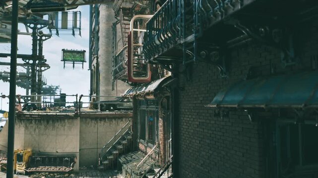 deserted narrow alley with overhead cables and tangled wires, weathered brick facades, overflowing dumpster, scattered debris and damp pavement cinematic