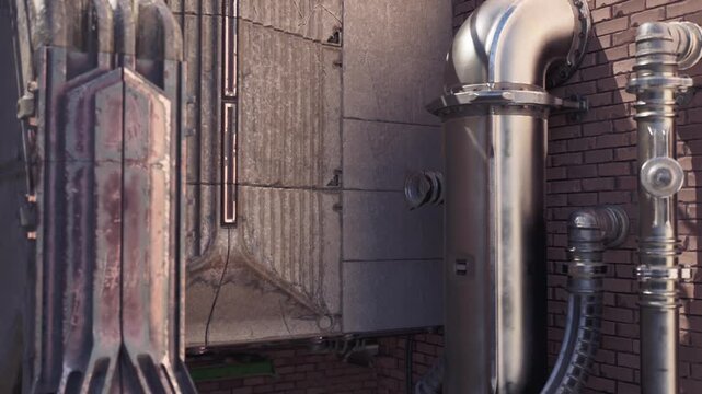closeup metal ducts against brickwork, dim utility corridor with corroded flanges and riveted joints, curved conduits and service access panels, lowkey
