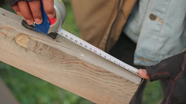 Wide plank measurement by handyman assessing fit for fix, gloves holding tape while marking edge for cut and alignment, outdoor yard scene, stepwise inspection, planning for renovation and maintenance