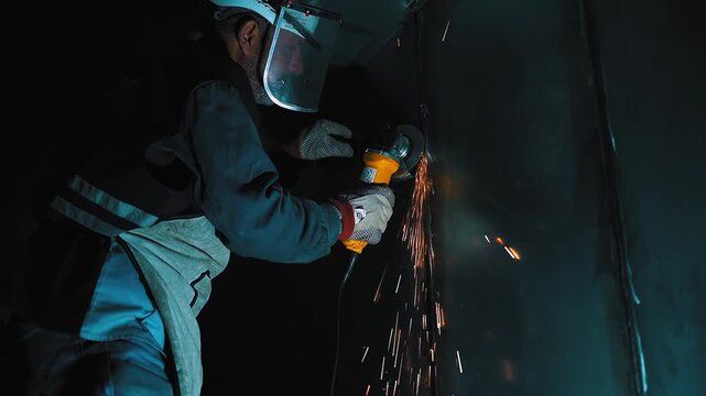 close up cinematic slow motion footage of a metalworker wearing protective gloves and safety helmet uses an angle grinder to cut steel, creating sparks in a workshop environment.