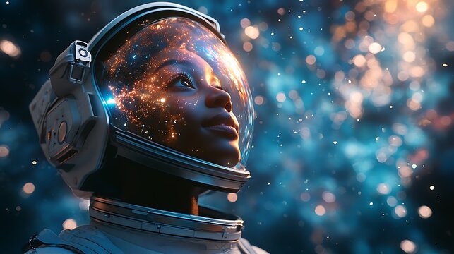 Close up of a female astronaut with reflective helmet gazing upwards into a galaxy of stars and bokeh