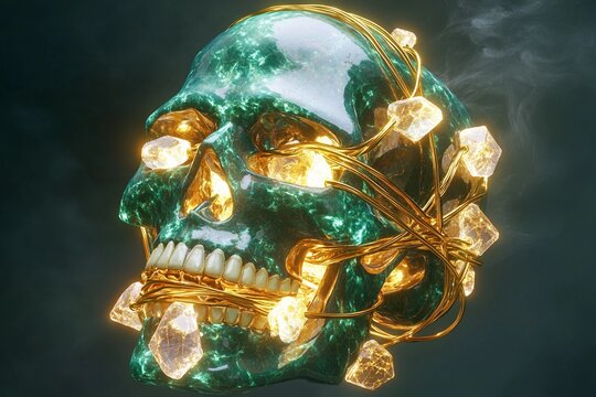 Glowing gemstone skull resting on dark surface with intricate details
