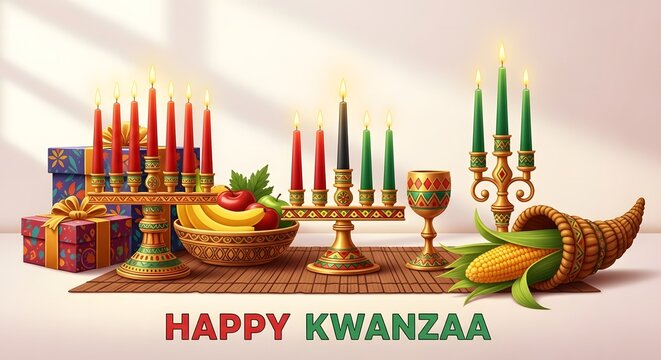 Happy kwanzaa celebration with traditional symbols and gifts