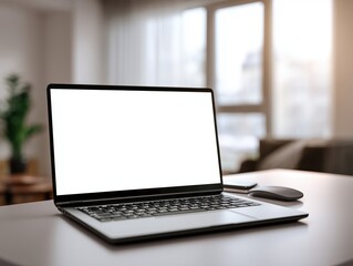 Fototapeta premium open laptop with empty white screen on modern minimalist desk