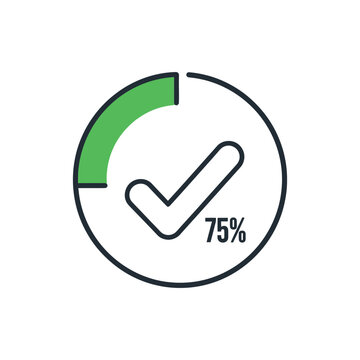 A simple graphic illustration of a green pie chart with a checkmark and 75 percent completed