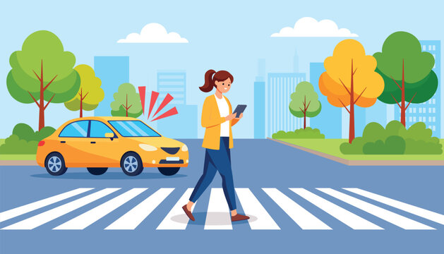 Woman Using Smartphone on a Crosswalk, Do not use the cell phone while crossing pedestrian, Stay safe, Eyes on the Road, safety awareness in car vehicle accident, traffic rules, Flat design comic