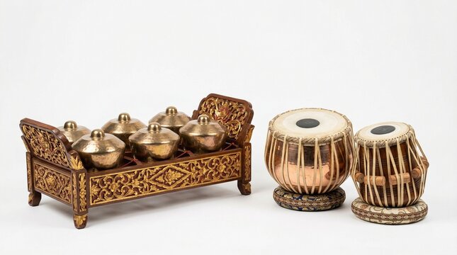 Traditional percussion instruments Gamelan Bonang from Indonesia and Indian Tabla drums isolated on white background