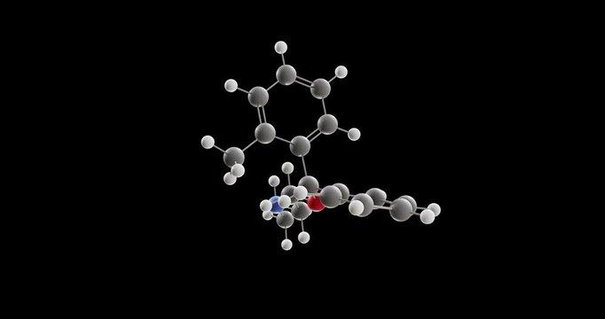 Tofenacin molecule, rotating 3D model of tricyclic antidepressant, looped video on a black background
