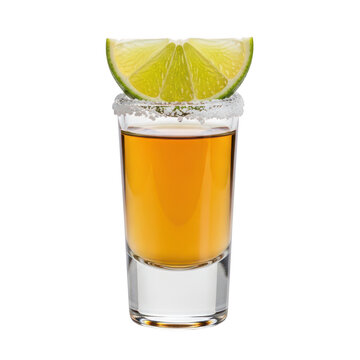 A refreshing shot of tequila garnished with a lime wedge in a clear glass