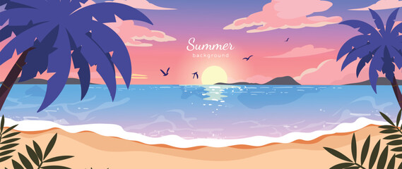Obraz premium Summer beach sunset background vector with tropical palm trees, ocean waves and sandy shore. Colorful seaside landscape illustration for travel poster, banner and seasonal design.