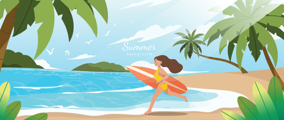 Obraz premium Summer beach background vector with woman carrying surfboard on tropical seashore. Sunny ocean landscape with palm trees, blue water, sandy coast and vacation travel illustration.