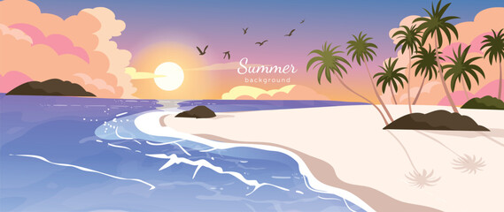 Obraz premium Summer beach sunset background vector with tropical palm trees, ocean waves and sandy shore. Colorful seaside landscape illustration for travel poster, banner and seasonal design.