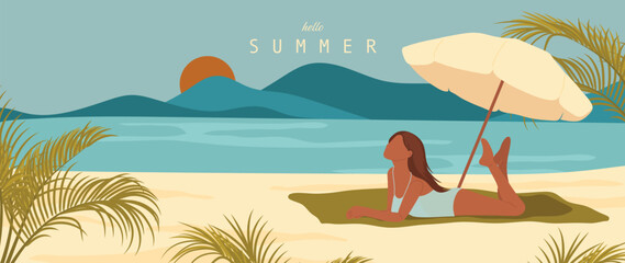 Obraz premium Summer beach background vector with woman relaxing under umbrella on tropical seaside. Sunny coastal landscape illustration with blue sea, island mountains, palm leaves and vacation scene.