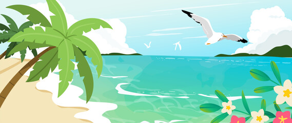 Summer tropical beach background vector with palm trees, flying seagull, turquoise sea and plumeria flowers. Sunny coastal landscape illustration for travel posters, banners and seasonal design. © TWINS DESIGN STUDIO