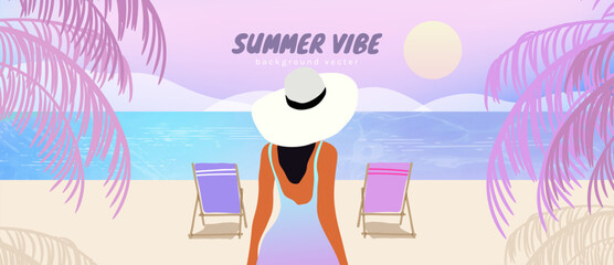Obraz premium Summer beach background vector with woman in sun hat, deck chairs and pastel tropical seaside view. Colorful vacation illustration with ocean, palm leaves and sunset relaxation scene.