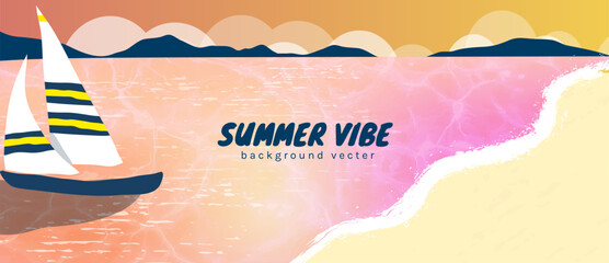 Obraz premium Summer beach background vector with sailboat on pink ocean and sandy shore. Colorful tropical seaside sunset illustration for travel posters, banners and seasonal vacation design.
