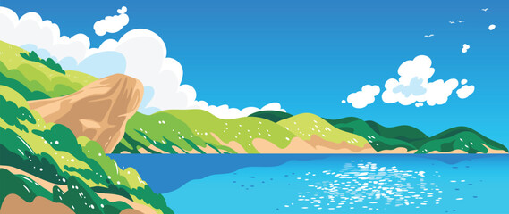 Naklejka premium Summer coastal landscape vector with blue sea, green hills, rocky cliff and bright sky. Scenic nature background illustration for travel posters, banners and seasonal design.