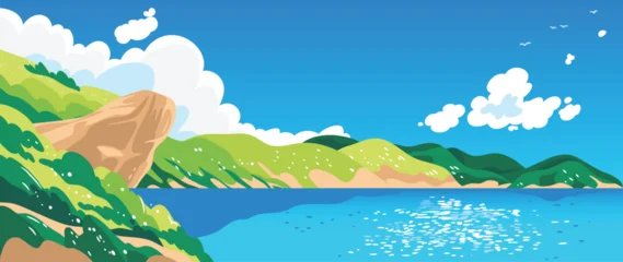 Fototapeten Blau Summer coastal landscape vector with blue sea, green hills, rocky cliff and bright sky. Scenic nature background illustration for travel posters, banners and seasonal design.  © TWINS DESIGN STUDIO