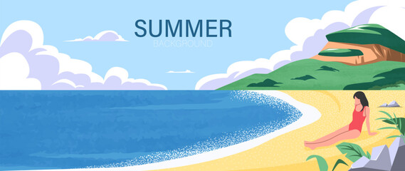 Obraz premium Summer beach background vector with woman relaxing on sandy shore, blue sea, green hill and cloudy sky. Suitable for travel poster, banner, vacation design and seasonal promotion.