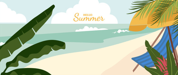 Obraz premium Summer beach background vector with hammock, tropical leaves, sandy shore, calm sea and sunny sky. Suitable for travel poster, banner, resort promotion and vacation design.
