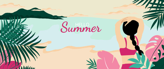 Obraz premium Summer beach background vector with woman in pink swimsuit, tropical leaves and calm seaside view. Stylish coastal vacation illustration with island, sandy shore and relaxing holiday scene.