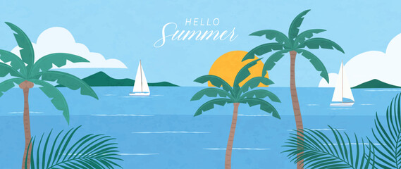 Obraz premium Summer tropical beach vector background with palm trees, sailboats, blue sea, island landscape and sunny sky. Suitable for travel poster, banner, vacation design and resort promotion.