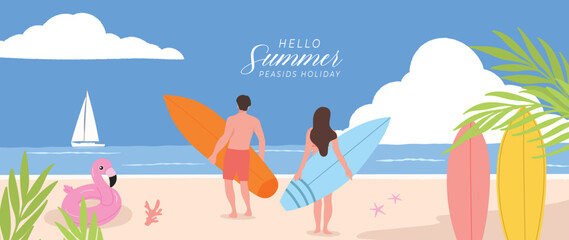 Obraz premium Summer beach background vector with couple carrying surfboards on tropical seaside. Sunny ocean holiday illustration with sailboat, palm leaves, flamingo float, starfish and coastal vacation scene.