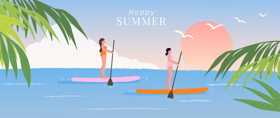 Obraz premium Summer beach vacation vector background with women paddle boarding on calm sea, sunset sky, tropical palm leaves and seagulls. Suitable for travel poster, banner and seasonal promotion.