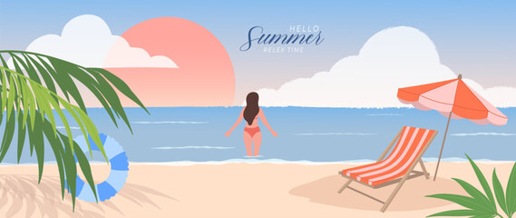 Obraz premium Summer beach vacation vector background with woman swimming, sunset sea view, deck chair, umbrella and tropical palm leaves. Suitable for travel poster, banner and seasonal promotion.