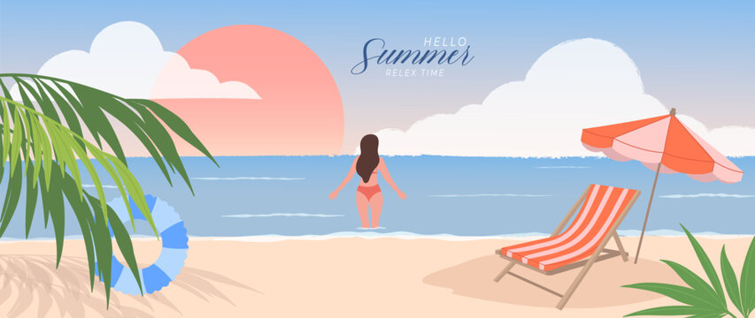 Summer beach vacation vector background with woman swimming, sunset sea view, deck chair, umbrella and tropical palm leaves. Suitable for travel poster, banner and seasonal promotion.