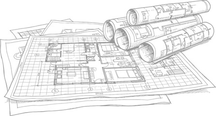 Fototapeta premium Architectural blueprint drawings and rolled blueprints on a table