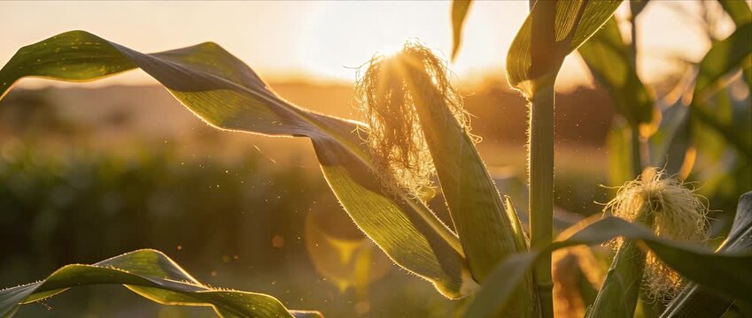 Sunlit cornfield closeup with golden corn leaf and glowing corn silk at summer sunset, rural farm crop detail in organic agriculture field and countryside farmland landscape with corn plant