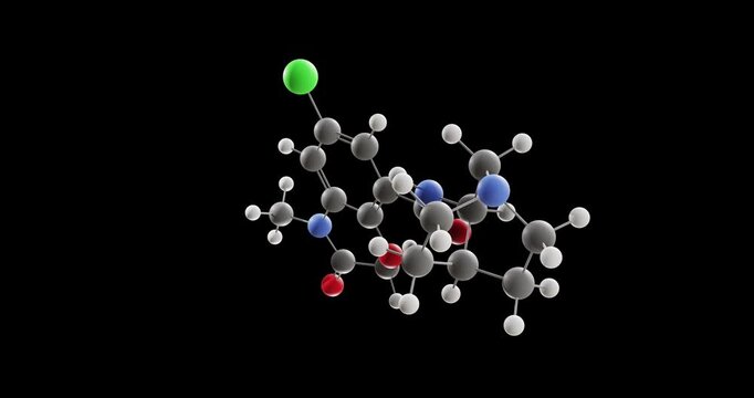 Azasetron molecule, rotating 3D model of antiemetic, looped video on a black background
